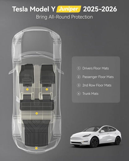 3W Tesla Model Y Juniper Floor Mats(not for Standard), Rear Cargo Liner, Custom Fit 2025 2026 Model Y Accessories, TPE All Weather Odorless Non-Slip, Black