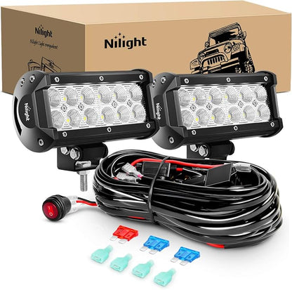 Nilight 2PCS 6.5 Inch 36W Flood LED Light Bar Led Work Light Off Road Driving Light With Off Road Wiring Harness