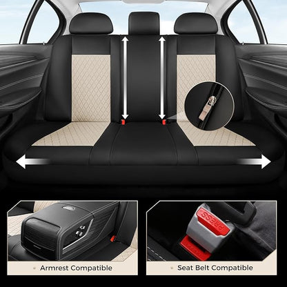 Coverado Car Seat Covers Full Set, Leather Seat Covers for Cars, Waterproof Car Seat Protectors, Front and Back Seat Covers Car Seat Cushions Universal Fit for Most Sedans, SUV, Trucks, Black & Beige