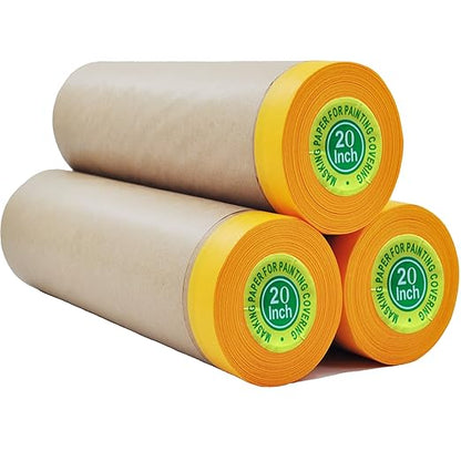 xianshengle Paint Masking Paper with Adhesive,20 inch x 50 Feet Painters Paper Roll, Tape and Drape Painters Paper, for Auto Body Masking, Wall Covering and Paint Masking (3Rolls)