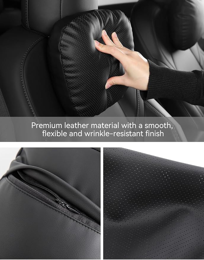TPARTS Leather Headrest Neck Pillow for Tesla Model Y/X/3/S, Tesla Model 3 Accessories, Tesla Model Y Accessories, Car Neck Pillow for Traveling (1pc Black)