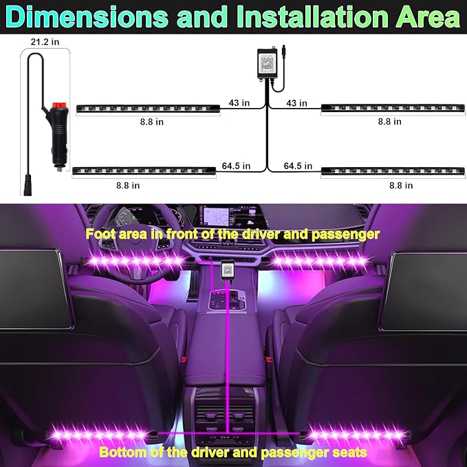 Car Interior Lights, 12V LED Strip Lights with Cigarette Lighter Adapter, Ambient Car Lighting Kit, App & Remote Control Music Sync Color Change Strip Lights for SUVs & Trucks (48LED Beads)