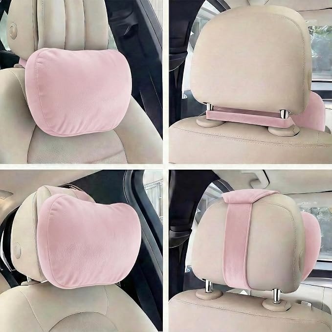 2PCS Car Pillow for Car Neck Pillow for Driving Seat Neck Support Soft Cushion Back Support Head-Rests for Vehicle Sleeping with Elastic Adjustment Strap (Light Pink, Head and Lumbar)