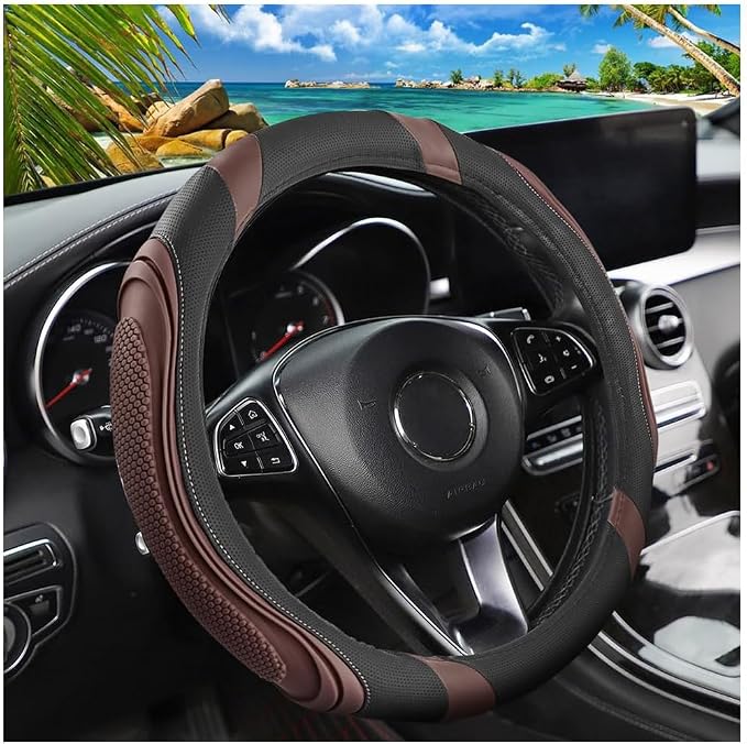 Osilly 15 Inch Car Leather Steering Wheel Cover, Automotive Accessories Elastic Breathable Anti-Slip Soft Wheel Protector Fits Men and Women, Suitable for SUVs, Trucks, Vehicles and RVs (Coffee)