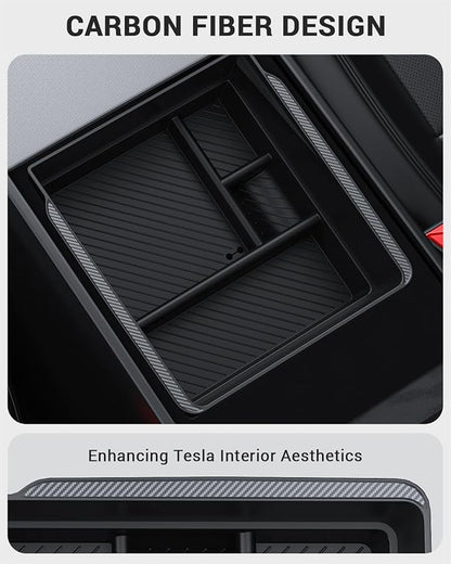 BASENOR 2026 Tesla Model Y Model 3 Armrest Storage Box, Center Console Organizer (Carbon Edition) for Tesla 3 Highland 2024 2025 2026 Model Y 2025 2026 Juniper (Standard/Premium/Performance)