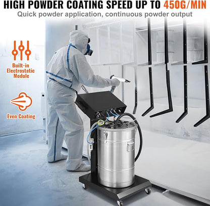 VEVOR Powder Coating System - 40W 100KV Electrostatic Output Kit with 50L Powder Hopper, 450g/Min Spray Gun & Trolley Base, Indoor/Outdoor