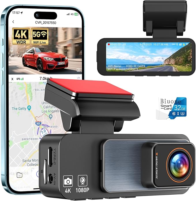 4K Dash Cam Front, Built-in 5GHz WiFi & APP Control, Dash Camera for Cars W/ 32GB Included, 3.2" IPS Screen Car Dash Cam W/ 24H Parking Monitor, G-Sensor Night Vision, Loop Recording