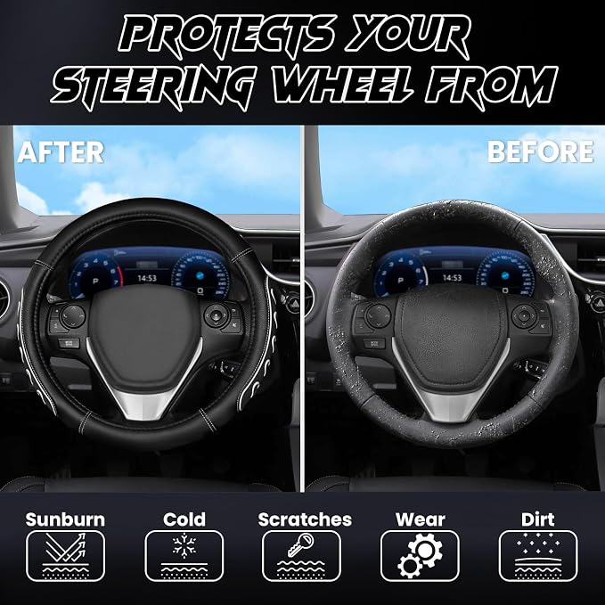 Ventilated Heart-Shaped Steering Wheel Cover with Anti-Slip Leather Grip. Compatible with Ford, Toyota, Honda, Nissan, and Chevrolet Vehicles for 14.5-15.2 inch Round Steering Wheels.