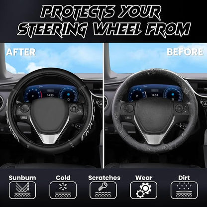 Ventilated Heart-Shaped Steering Wheel Cover with Anti-Slip Leather Grip. Compatible with Ford, Toyota, Honda, Nissan, and Chevrolet Vehicles for 14.5-15.2 inch Round Steering Wheels.