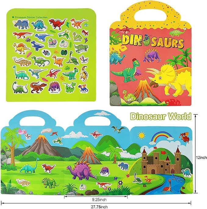 Reusable Sticker Book, Dinosaur Stickers Educational Learning Toys Travel Stickers Activity Books for Toddler Girls Boys Age 3+ Birthday Gifts