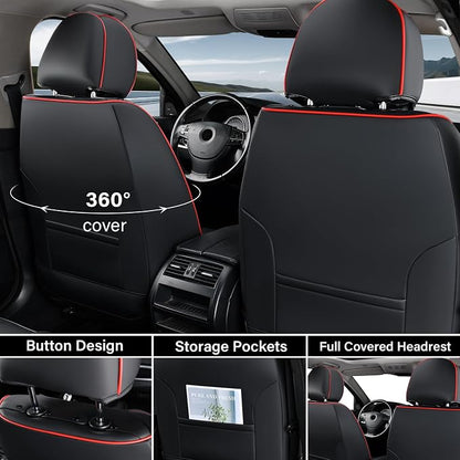 Coverado Seat Covers, Car Seat Covers Front Seats, Waterproof Nappa Leather Auto Seat Cover with Lumbar Head Pillow, Black Redline Seat Covers Carseat Cover Universal Fit for Most Cars