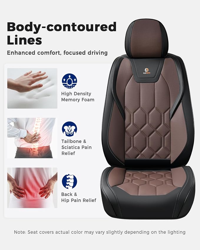 Huidasource Seat Covers Full Set, Universal Fit for Most Cars SUVs Trucks, Full Coverage Leather Seat Cover, Airbag, Cupholder Compatible, Seat Function Retain, Easy Install with Velcro, Black&Coffee