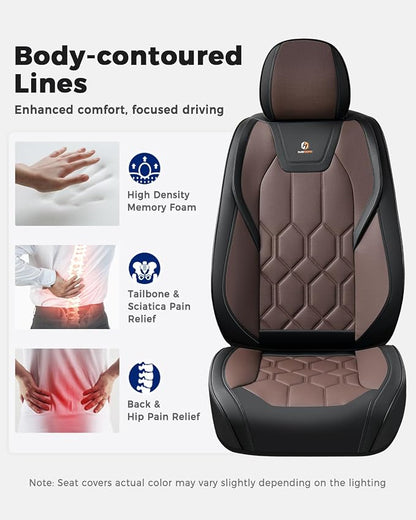 Huidasource Seat Covers Full Set, Universal Fit for Most Cars SUVs Trucks, Full Coverage Leather Seat Cover, Airbag, Cupholder Compatible, Seat Function Retain, Easy Install with Velcro, Black&Coffee