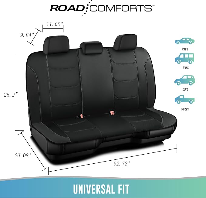 Road Comforts Seat Covers, Premium Leather Car Seat Covers Full Set,Airbag Compatible, Automotive Seat Covers Universal Fit Most Cars,Vans,Truck,SUV, Black