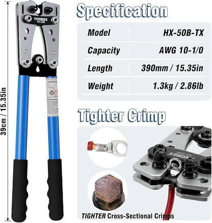 Battery Cable Lug Crimping Tool Kit for AWG 10-1/0 Electrical Lug Crimper with 64pcs Ring Terminals and 110pcs Heat Shrink Tubing