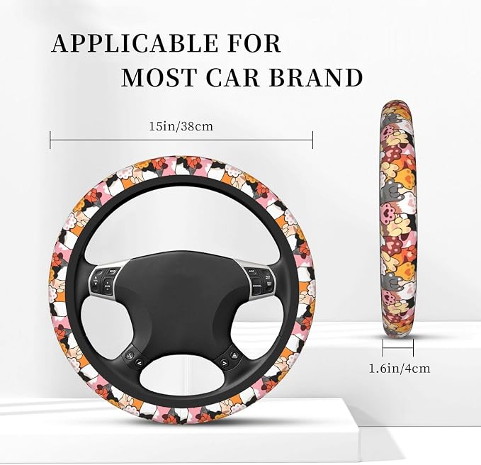 Cute Paw Print Steering Wheel Cover for Women, Universal Auto Steering Wheel 14-15 Inch Car Interior Accessories with 2PCS Car Coasters, Suitable for Men and Women