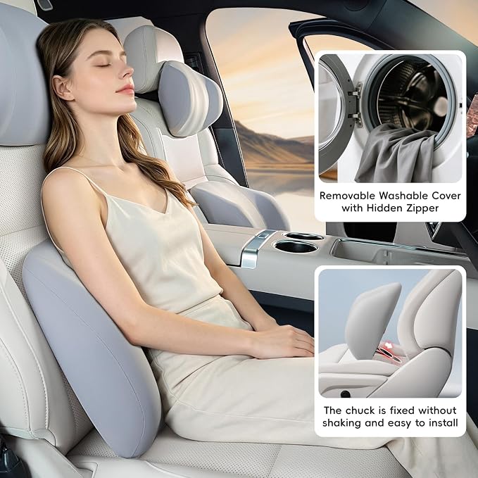 BEBAS Lumbar Support Pillow for Car & Office Chair - Ergonomic Memory Foam Back Cushion for Lower Back Pain Relief, Back Support, Removable Washable Cover, Ideal for Driving, Work, Travel - Gray
