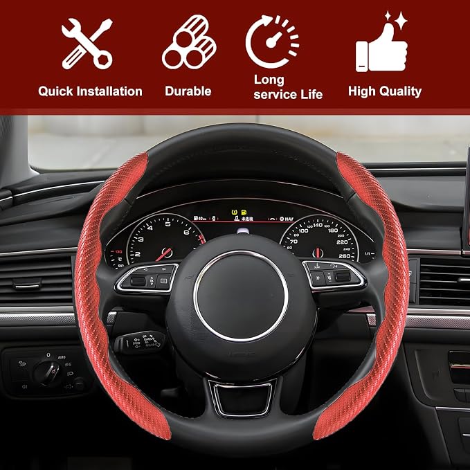 Universal Fit Carbon Fiber Steering Wheel Cover, Segmented Steering Wheel Protector, Carbon Fiber Anti-Skid Steering Wheel Cover Car Interior Accessories (2 Pcs Red)