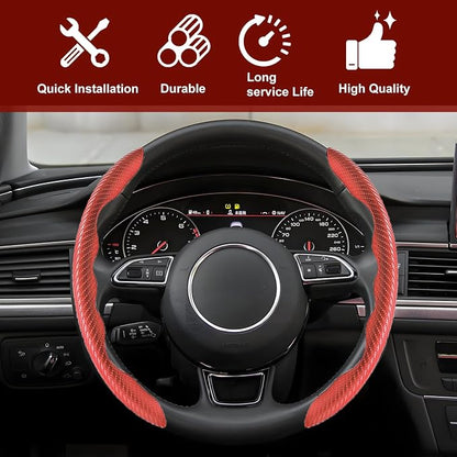 Universal Fit Carbon Fiber Steering Wheel Cover, Segmented Steering Wheel Protector, Carbon Fiber Anti-Skid Steering Wheel Cover Car Interior Accessories (2 Pcs Red)