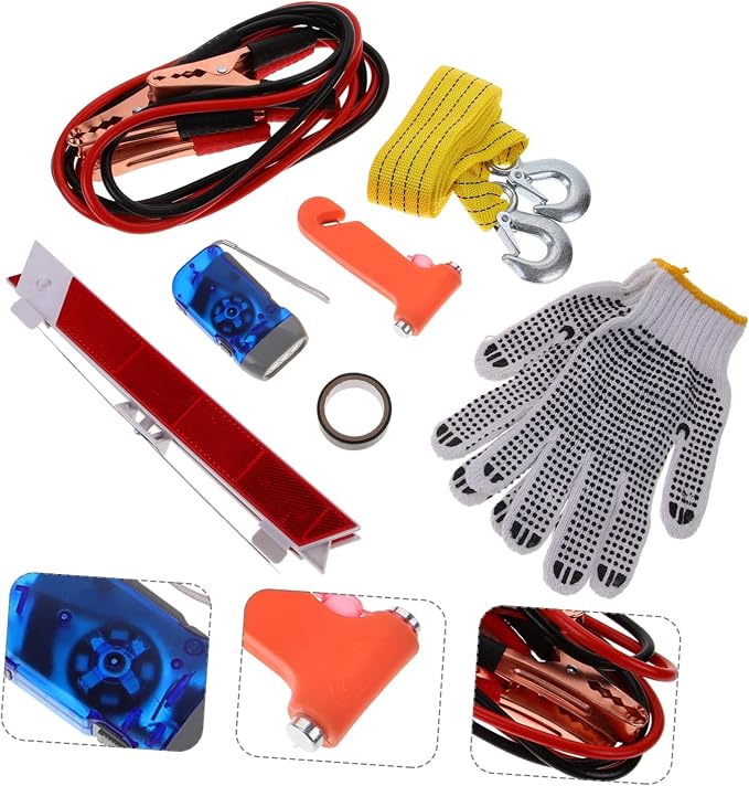 GANAZONO 8-Piece Car Roadside Emergency Tool Kit Multi-Functional Vehicle Accessories for Roadside Assistance and Inspection Includes Jumper Cables Flashlight