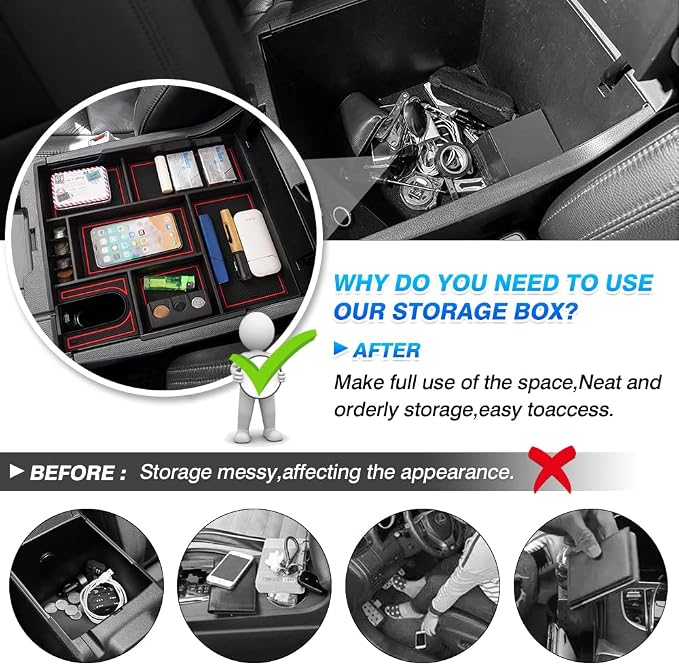 Autorder Center Console Organizer for 2014-2021 Toyota Tundra Accessories Armrest Storage Box Secondary Insert Full Tray with Red/Blue/Black Silicone Pads