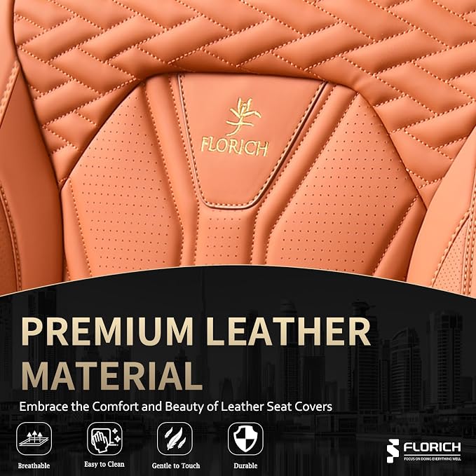 FLORICH Seat Covers, Leather Car Seat Covers Front Seats, Automotive Seat Covers Waterproof Car Seat Cushion Orange Seat Cover Protector Universal Fit for Most Cars Trucks SUVs