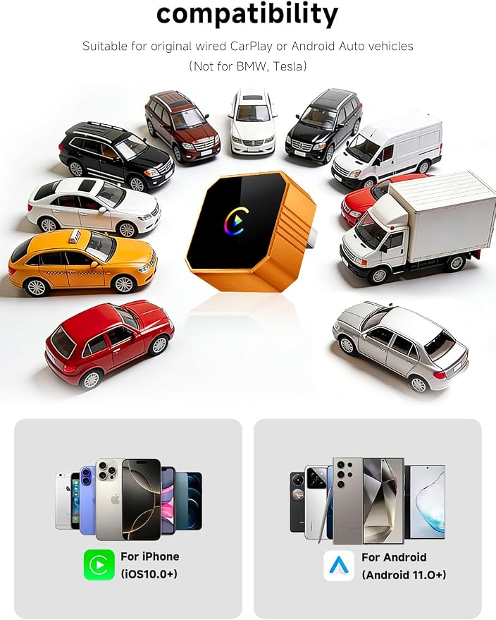 Wireless CarPlay Adapter for iPhone, Upgraded Car Play Wired to Wireless for Apple CarPlay & Android Auto, Plug & Play Auto-Reconnect Zero Lag, Compatible with iOS 10+ Android 11+, 2016+ Cars