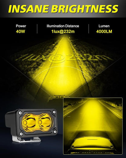 3 Inch Yellow CREE LED Pods with Wiring Harness & Black Covers | High Intensity CREE LEDs, Centrated Spot Beam, Free Wiring kit & Black Covers