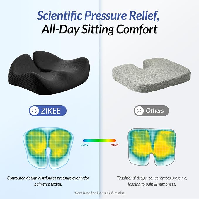ZIKEE Pioneering Gel Seat Cushion for Sitting Without Stuffiness, Ergonomic Memory Foam Office Chair Cushion for Sciatica, Back, Tailbone Pain Relief, Anti-Slip Car Seat Cushion, Breathable Cover