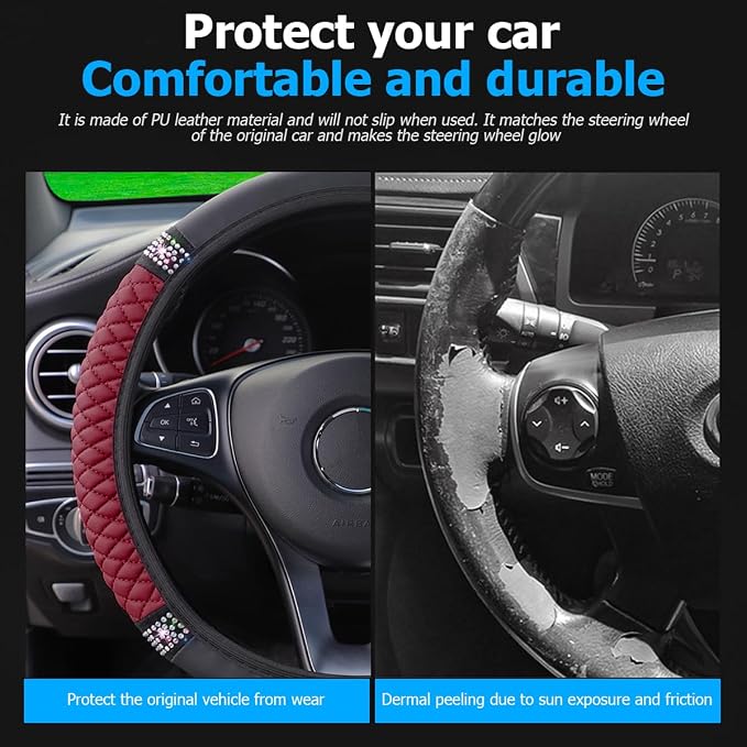 Osilly Bling Car Steering Wheel Cover, 15 Inch Rhinestones Soft Leather Elastic Steering Wheel Protector, Sparkly Crystal Diamond for Women Girls (Wine Red)