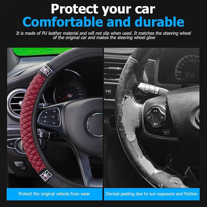 Osilly Bling Car Steering Wheel Cover, 15 Inch Rhinestones Soft Leather Elastic Steering Wheel Protector, Sparkly Crystal Diamond for Women Girls (Wine Red)