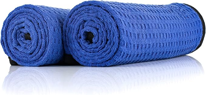 The Rag Company Dry Me A River, Professional Korean 70/30 Blend Microfiber Waffle-Weave Drying & Detailing Towels, Soft Suede Edges, 390 GSM, 20x40 Inches, Royal Blue, 2-Pack