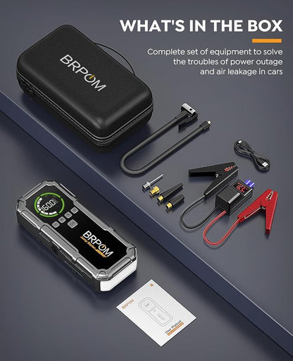 Jump Starter with Air Compressor, BRPOM 8000A Portable Car Jump Starter (All Petrol/12L Diesel), 160PSI 12V Battery Jump Starter Power Pack with Jump Clamps, LCD Screen, 600 Lumens Emergency Light