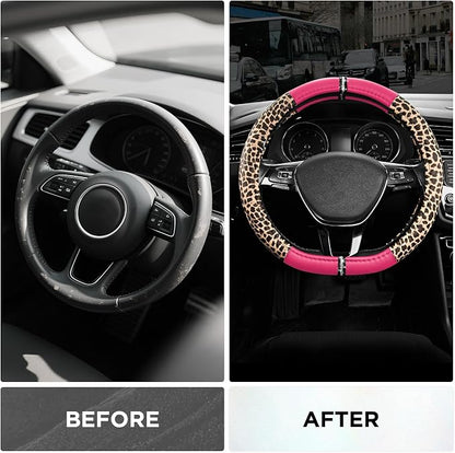 Road Comforts Leopard Steering Wheel Cover for Women, Cute Anti-Slip Microfiber Leather, Fits D Shape Flat Bottom Steering Wheel 14.5-15 Inch - HotPink