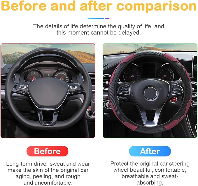 Osilly Car Steering Wheel Cover, 15 inch Carbon Fiber Microfiber PU Leather Elastic Steering Wheel Protector for Men Women, Anti-Slip Breathable Car Interior Accessories for Most Cars (Wine Red)