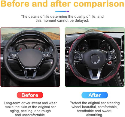 Osilly Car Steering Wheel Cover, 15 inch Carbon Fiber Microfiber PU Leather Elastic Steering Wheel Protector for Men Women, Anti-Slip Breathable Car Interior Accessories for Most Cars (Wine Red)