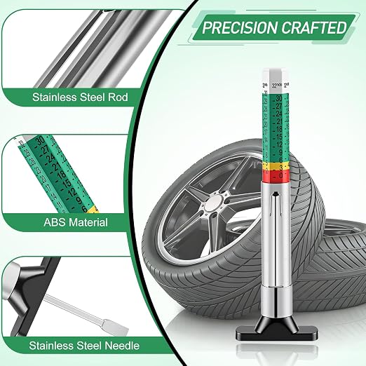 3-Pcs Tire Tread Depth Gauge in 1/32 Inch, Color Coded Tire Depth Gauge with Pocket Clip, Tread Depth Accurate Measurement Tools for Car, Trucks, SUV, Motorcycle, Bike (with 5Pcs Tire Valve Stem Caps)