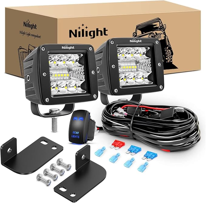 Nilight 2PCS 3 Inch LED Pods Cubes UTV Rear Roof Mounting Brackets LED Backup Reverse Lighting 15FT Wiring Harness Kit 2 Leads for 2013-2024 Polaris Ranger Full Size 570 800 900 1000 XP Crew