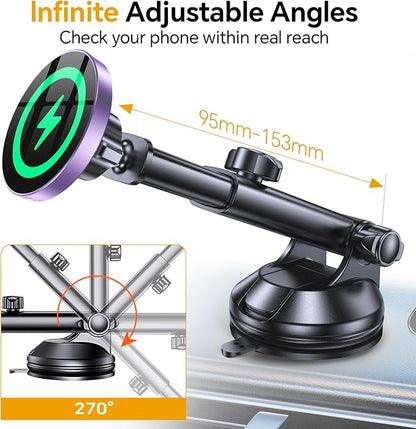 Coolpow for MagSafe Car Mount Charger【Ultra Magnet】 Magnetic Phone Holders for Your Car Charger【Windshield+Vent+Dash】 Magnetic Wireless Car Phone Holder Charger Car Mount for iPhone 17 (Purple)