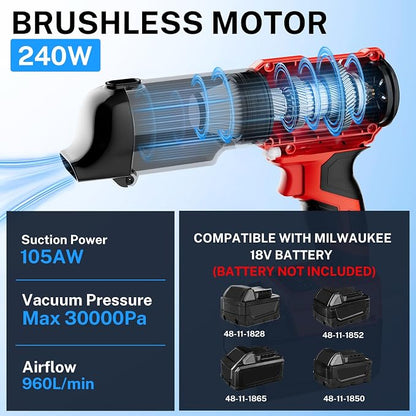 YEX-BUR Cordless Handheld Vacuum for Milwaukee 18V Battery(Tool Only), 240W Powerful Car Vacuum with Brushless Motor, 3-Speed, 5 Filters, Portable Vacuum Cleaner for Home Office Car Pet