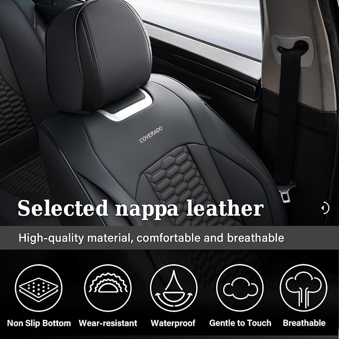 Coverado Car Seat Covers Full Set, Nappa Leather Seat Covers for Cars, Waterproof Automotive Car Seat Covers Interior Accessories Universal Fit Most Sedans, SUVs, Pick-up Trucks (Black)