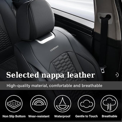 Coverado Car Seat Covers Full Set, Nappa Leather Seat Covers for Cars, Waterproof Automotive Car Seat Covers Interior Accessories Universal Fit Most Sedans, SUVs, Pick-up Trucks (Black)