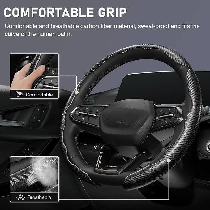 3 Piece Carbon Fiber Steering Wheel Cover, Car Steering Wheel Cover for Men/Women, Anti-Slip, Comfortable Grip, Durable, Universal for 99% Car Interior Accessories (Black)