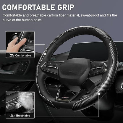 3 Piece Carbon Fiber Steering Wheel Cover, Car Steering Wheel Cover for Men/Women, Anti-Slip, Comfortable Grip, Durable, Universal for 99% Car Interior Accessories (Black)