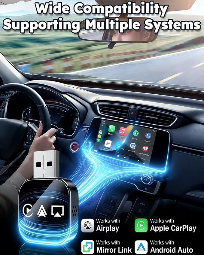 Wireless Carplay Adapter to Play TV on Car Screen 3 in 1 USB A/C Android Auto Bluetooth Video Box Screen Mirror iOS Phone Wired to Wireless Screen Mirroring Car Play Accessories for iPhone