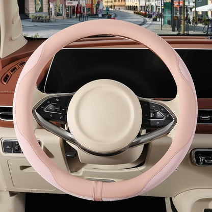 Nappa Leather Steering Wheel Cover, Advanced Microfiber Leather Non-Slip Breathable Fabric, Warm in Winter and Cool in Summer, Pink Large 15.5 inch to 16 inch