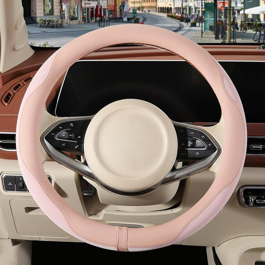 Nappa Leather Steering Wheel Cover, Advanced Microfiber Leather Non-Slip Breathable Fabric, Warm in Winter and Cool in Summer, Pink Large 15.5 inch to 16 inch
