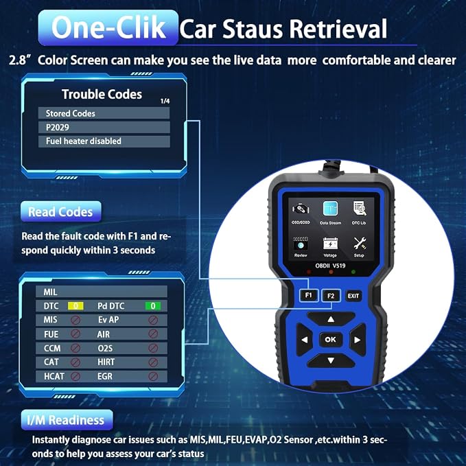 OBD2 Scanner Diagnostic Tool - Check Engine Light Code Reader, Reset Function, Data Stream, I/M Readiness, Full Features, Modes 6 & 8, for All 1996+ Vehicles, Automotriz Scanner