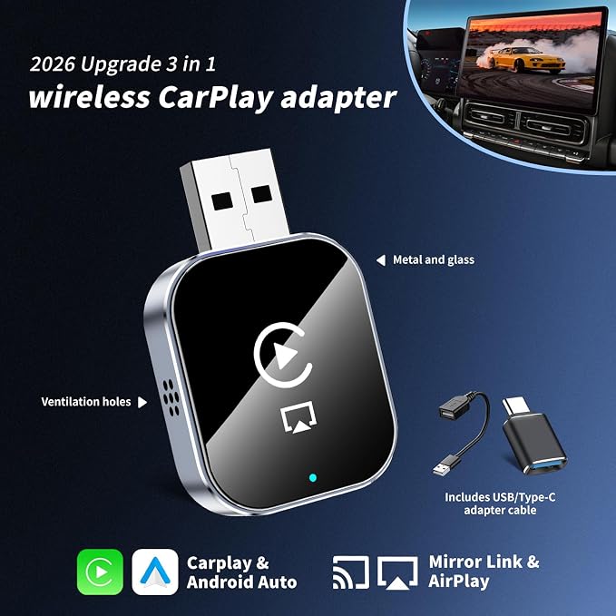 Wireless CarPlay Adapter for Android Auto - 3 in 1 Airplay Mirror Link Adapter Multi-User Seamless Connection Converts Wired to Wireless CarPlay Adapter - No Latency from iOS 10+ to Screen w/USB-C
