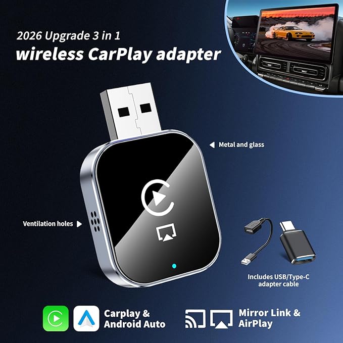 Wireless CarPlay Adapter for Apple iPhone - 4 in 1 Airplay Mirror Link Adapter Multi-User Seamless Connection Converts Wired to Wireless CarPlay Adapter - No Latency from iOS 10+ to Screen w/USB-C